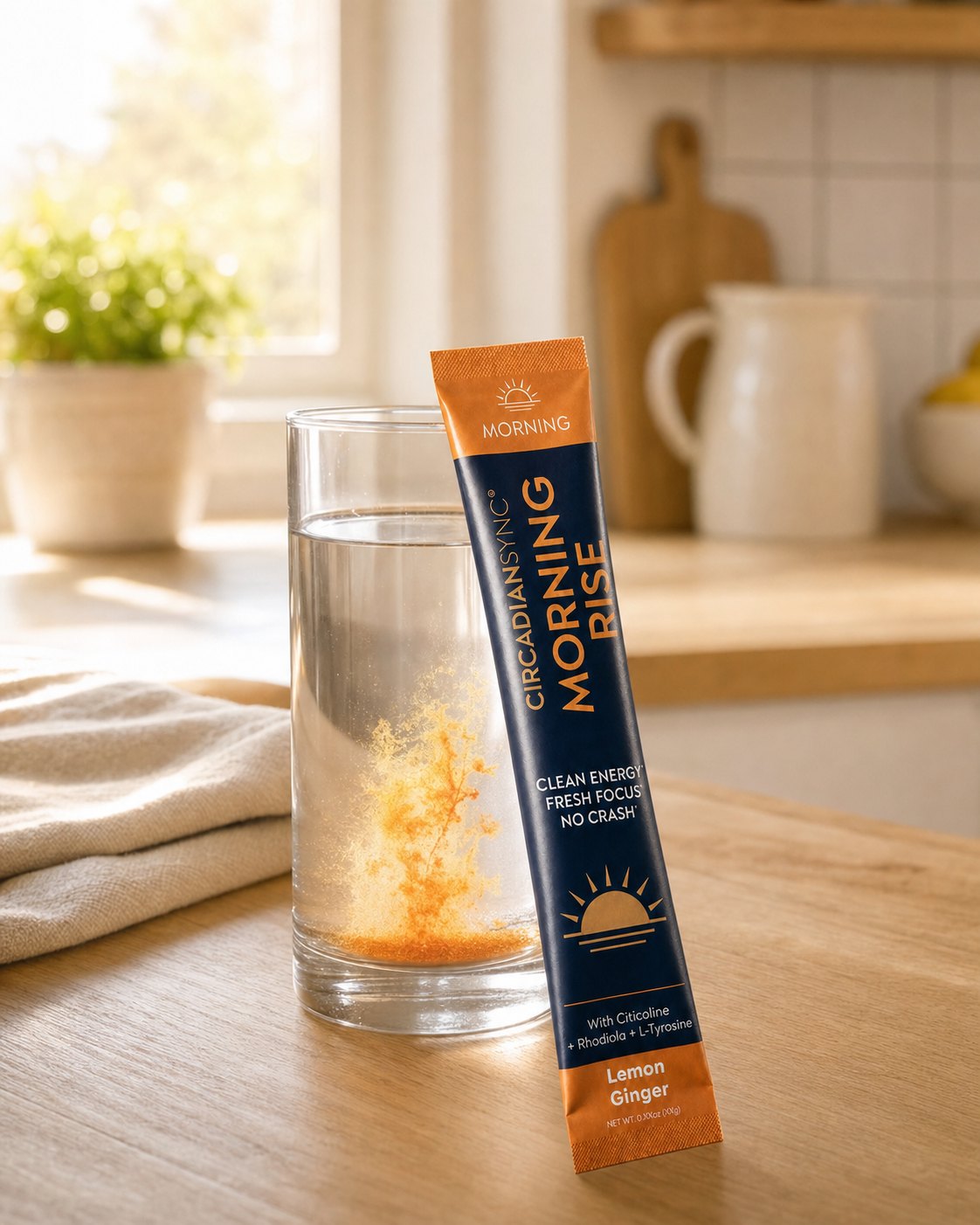 Morning Rise stick pack on a sunlit kitchen counter