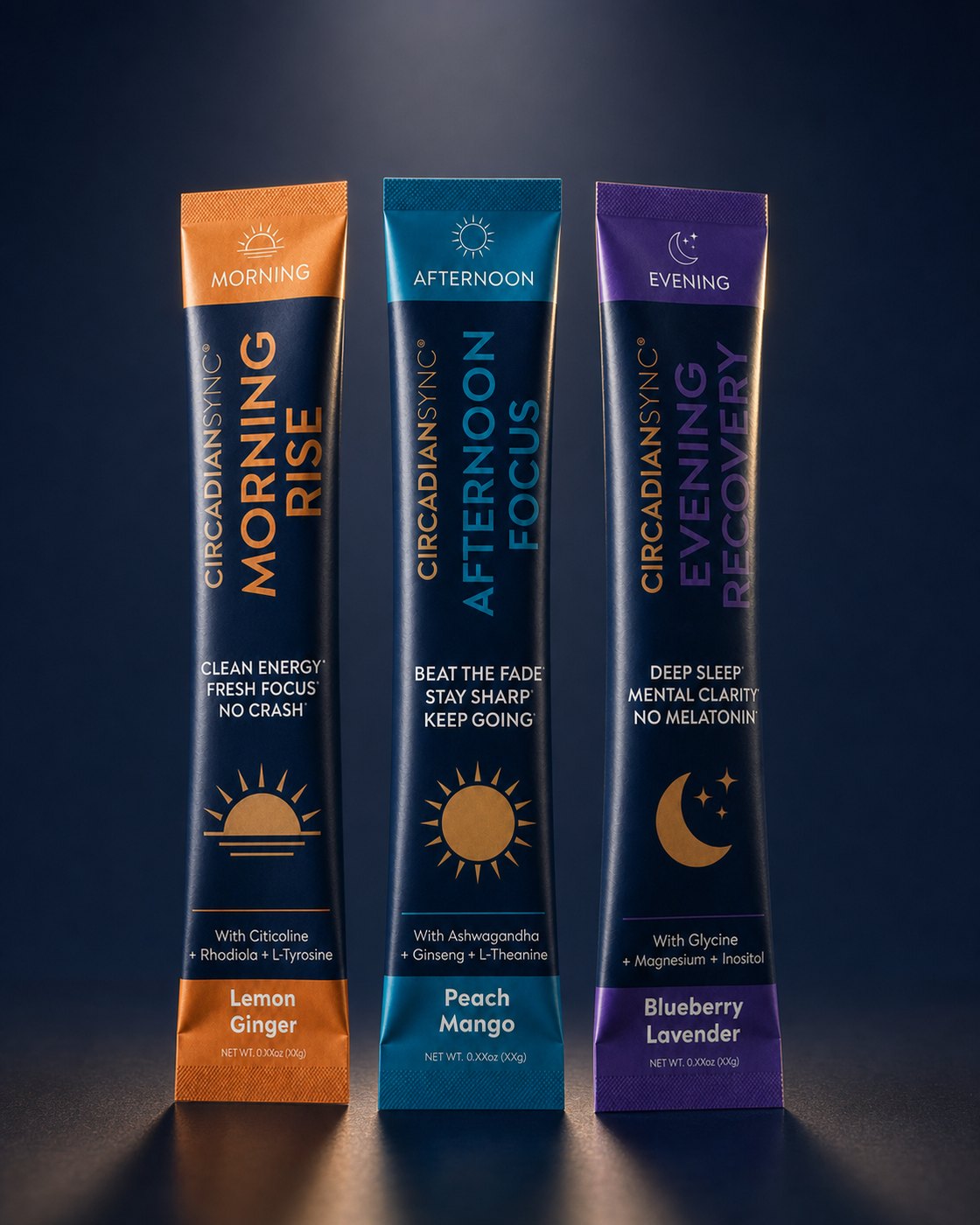 CircadianSync Morning Rise, Afternoon Focus, and Evening Recovery powder stick packs